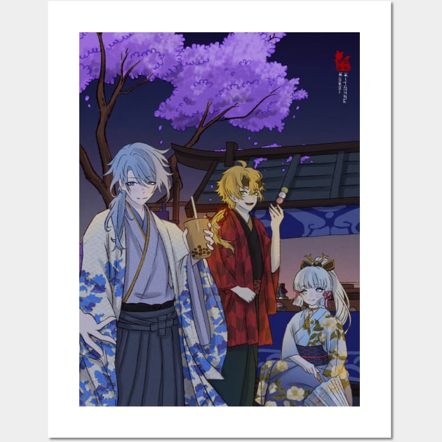 Ayato, Thoma and Ayaka, Genshin Impact Traditional Illustration Wall Art by Kuroi Kitsune